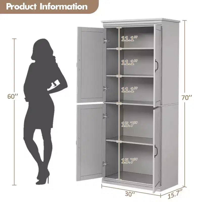 Meuble de rangement, armoire de cuisine haute de 70 po avec 2 portes et 3 étagères réglables, armoire autoportante, meuble de rangement moderne pour salle de bain