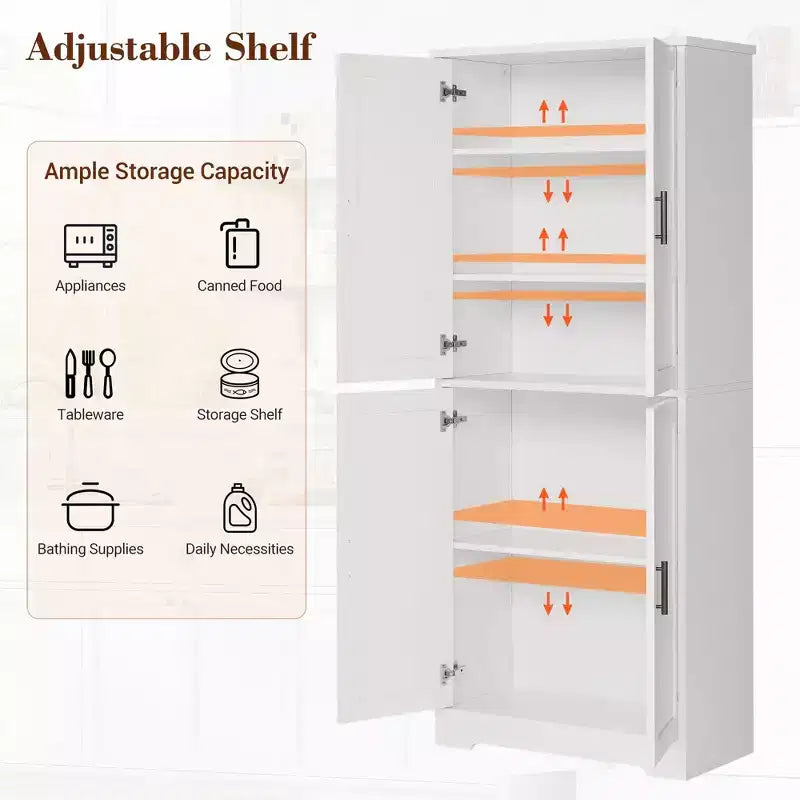 Meuble de rangement, armoire de cuisine haute de 70 po avec 2 portes et 3 étagères réglables, armoire autoportante, meuble de rangement moderne pour salle de bain
