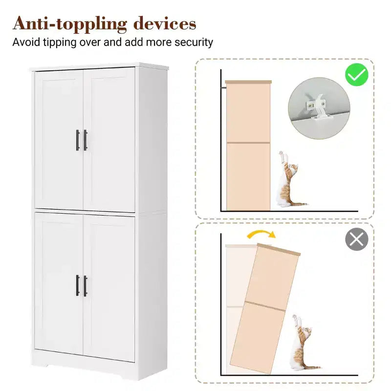 Meuble de rangement, armoire de cuisine haute de 70 po avec 2 portes et 3 étagères réglables, armoire autoportante, meuble de rangement moderne pour salle de bain