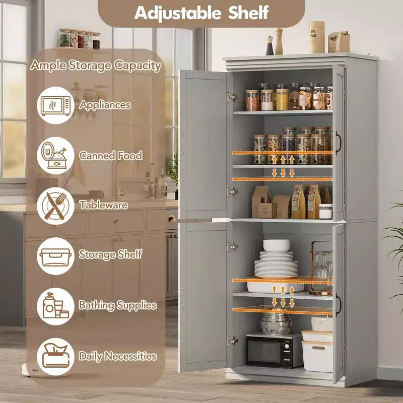 Meuble de rangement, armoire de cuisine haute de 70 po avec 2 portes et 3 étagères réglables, armoire autoportante, meuble de rangement moderne pour salle de bain