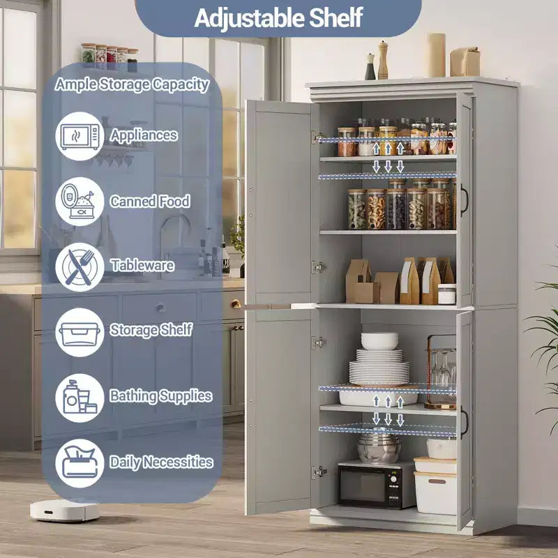 Meuble de rangement, armoire de cuisine haute de 70 po avec 2 portes et 3 étagères réglables, armoire autoportante, meuble de rangement moderne pour salle de bain