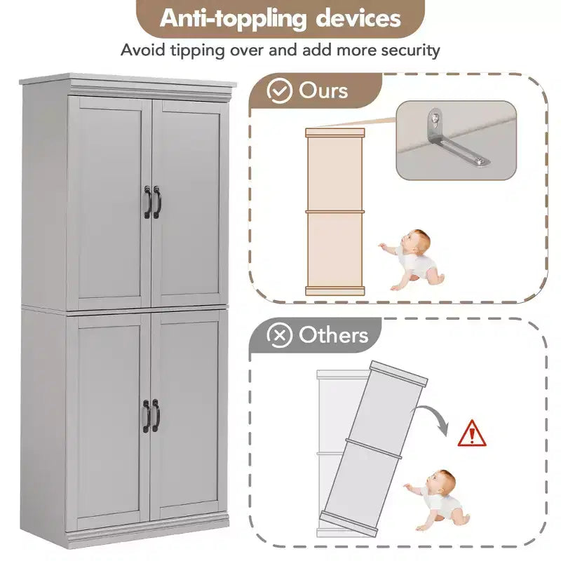 Meuble de rangement, armoire de cuisine haute de 70 po avec 2 portes et 3 étagères réglables, armoire autoportante, meuble de rangement moderne pour salle de bain