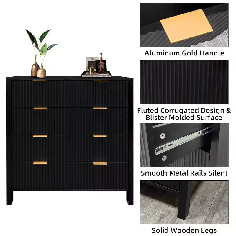 Commode cannelée à 4 tiroirs avec poignées en métal – Commode de chambre à coucher de style Mid-Century Modern