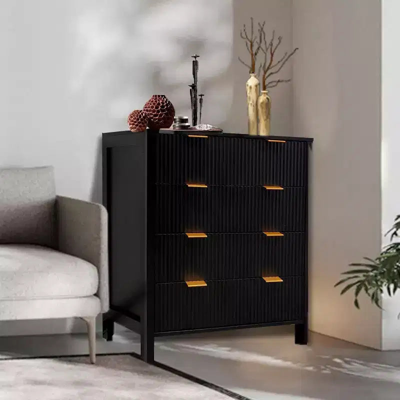 Commode cannelée à 4 tiroirs avec poignées en métal – Commode de chambre à coucher de style Mid-Century Modern