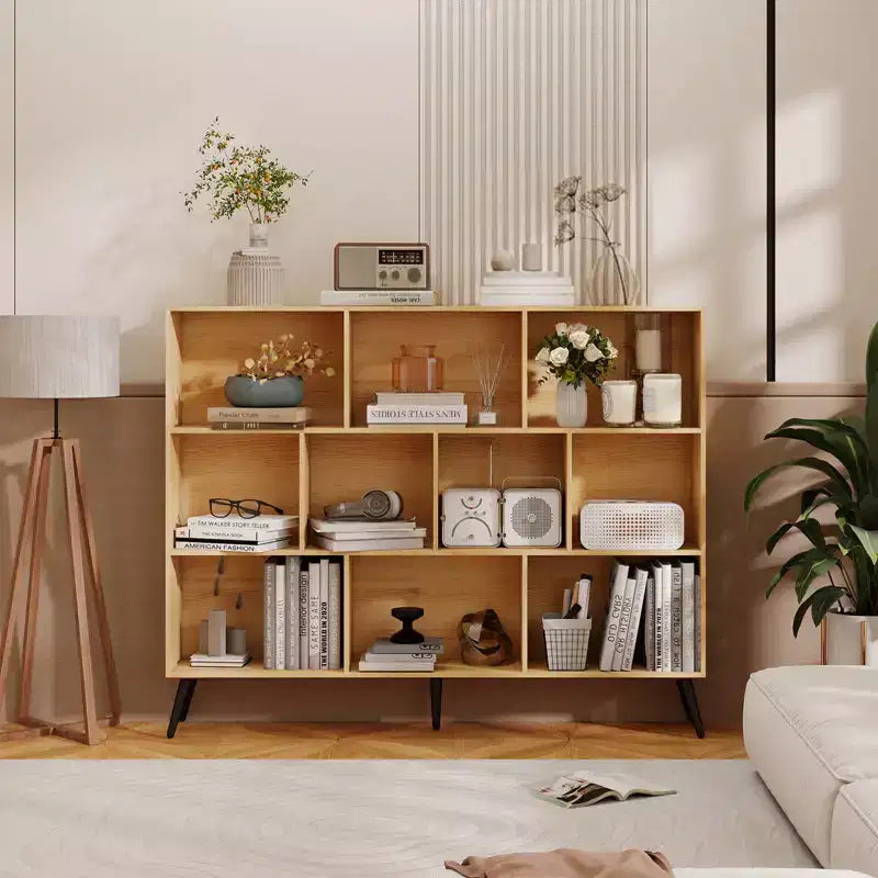 Étagère bibliothèque en bois à 10 casiers, bibliothèque ouverte autoportante à 3 niveaux avec 5 pieds en fer, organisateur de rangement ouvert, vitrine sur pied