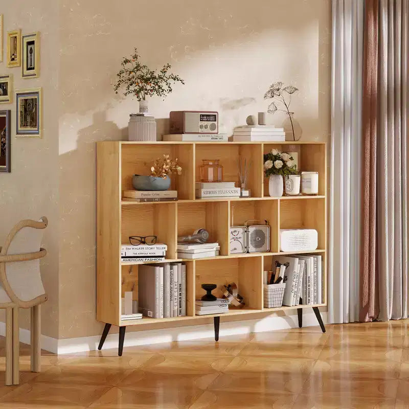 Étagère bibliothèque en bois à 10 casiers, bibliothèque ouverte autoportante à 3 niveaux avec 5 pieds en fer, organisateur de rangement ouvert, vitrine sur pied