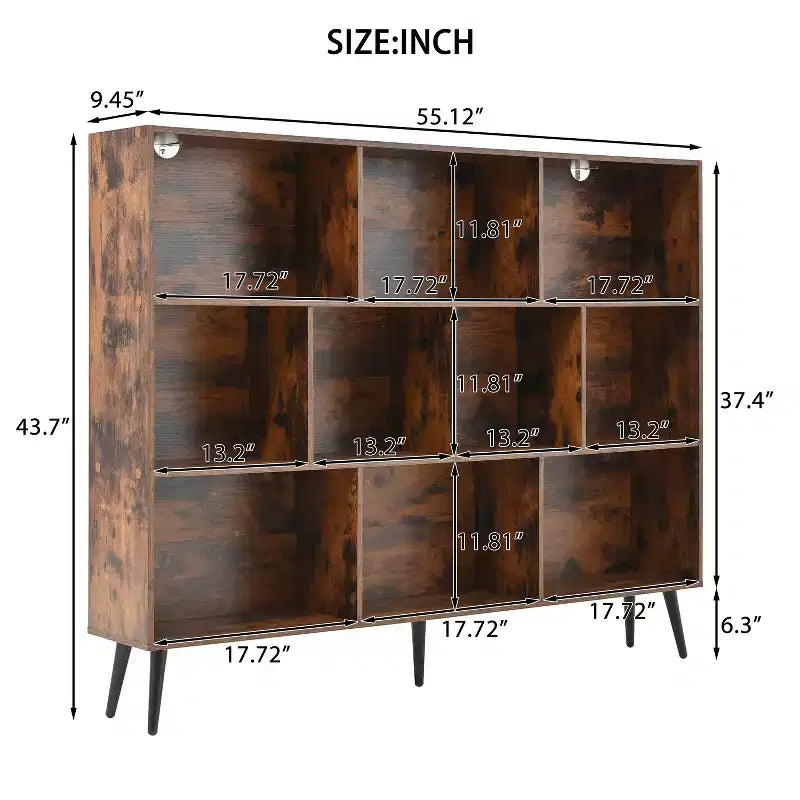 Étagère bibliothèque en bois à 10 casiers, bibliothèque ouverte autoportante à 3 niveaux avec 5 pieds en fer, organisateur de rangement ouvert, vitrine sur pied
