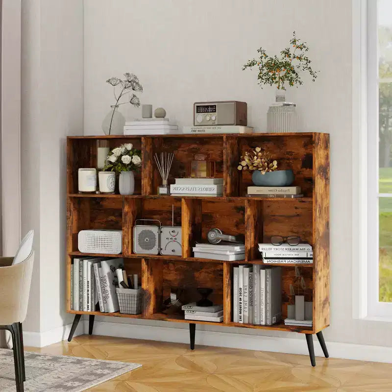 Étagère bibliothèque en bois à 10 casiers, bibliothèque ouverte autoportante à 3 niveaux avec 5 pieds en fer, organisateur de rangement ouvert, vitrine sur pied