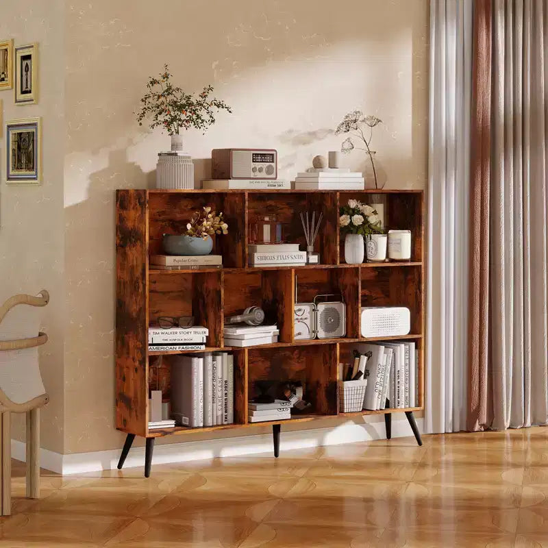 Étagère bibliothèque en bois à 10 casiers, bibliothèque ouverte autoportante à 3 niveaux avec 5 pieds en fer, organisateur de rangement ouvert, vitrine sur pied