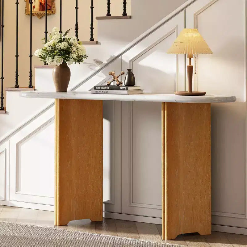 Console étroite avec plateau ovale en similicuir marbre et pieds incurvés – Blanc naturel