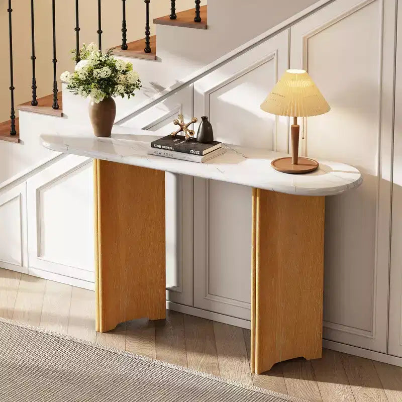 Console étroite avec plateau ovale en similicuir marbre et pieds incurvés – Blanc naturel
