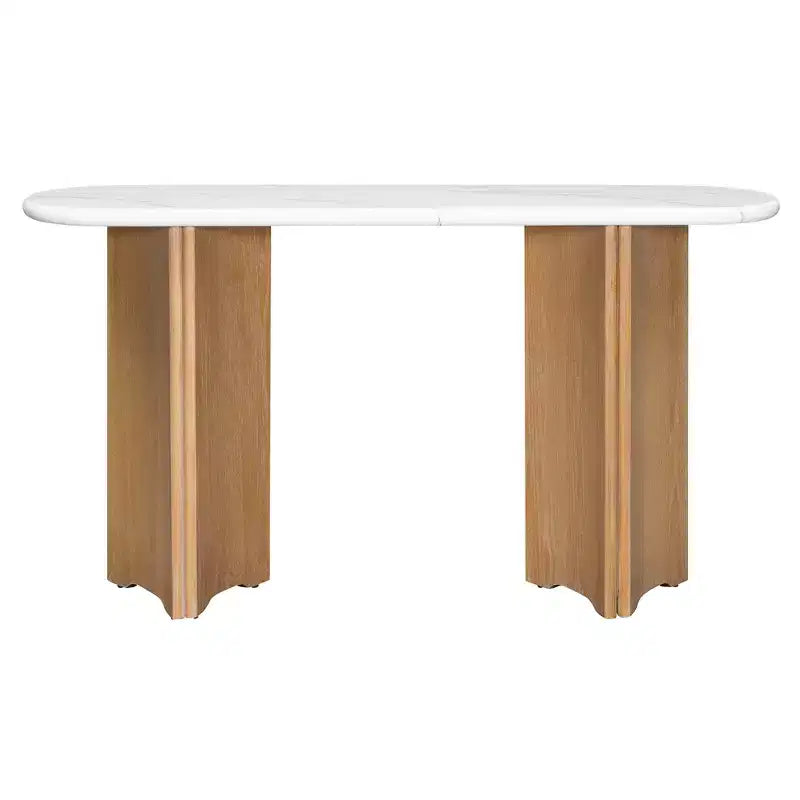 Console étroite avec plateau ovale en similicuir marbre et pieds incurvés – Blanc naturel