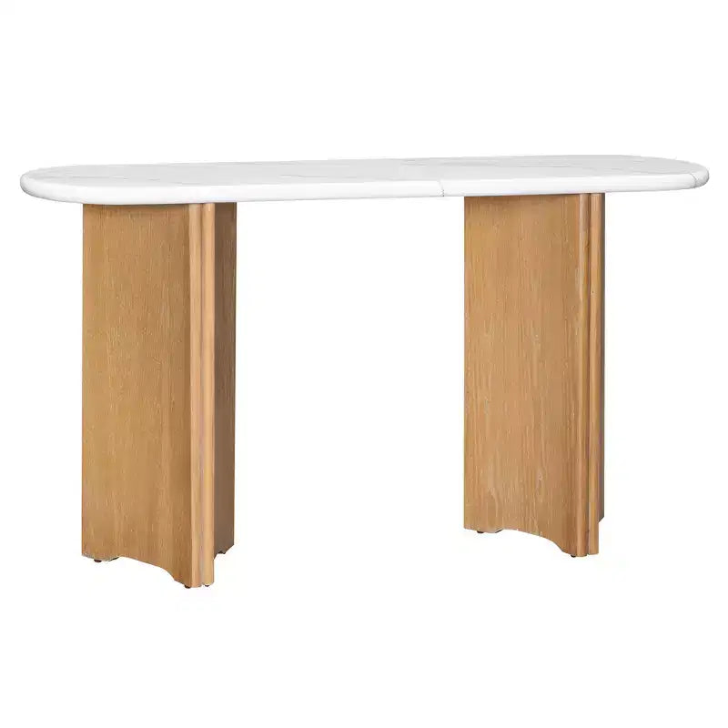 Console étroite avec plateau ovale en similicuir marbre et pieds incurvés – Blanc naturel