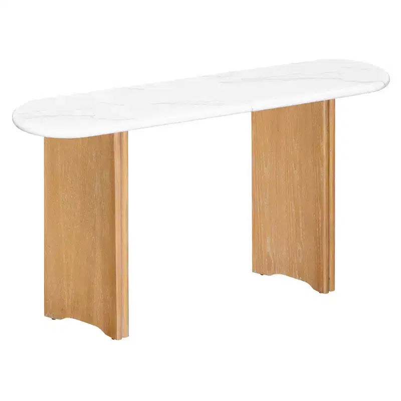 Console étroite avec plateau ovale en similicuir marbre et pieds incurvés – Blanc naturel