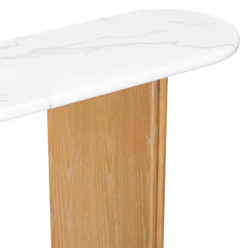 Console étroite avec plateau ovale en similicuir marbre et pieds incurvés – Blanc naturel