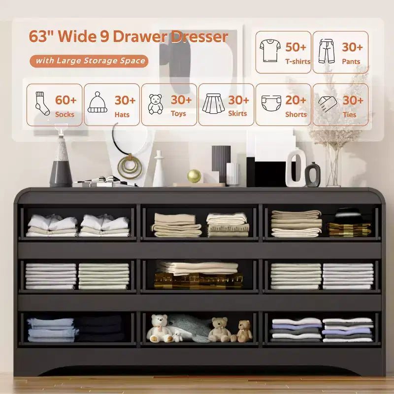 Commode large à 9 tiroirs pour chambre à coucher avec glissières préinstallées – 160 cm