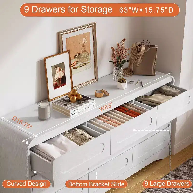Commode large à 9 tiroirs pour chambre à coucher avec glissières préinstallées – 160 cm