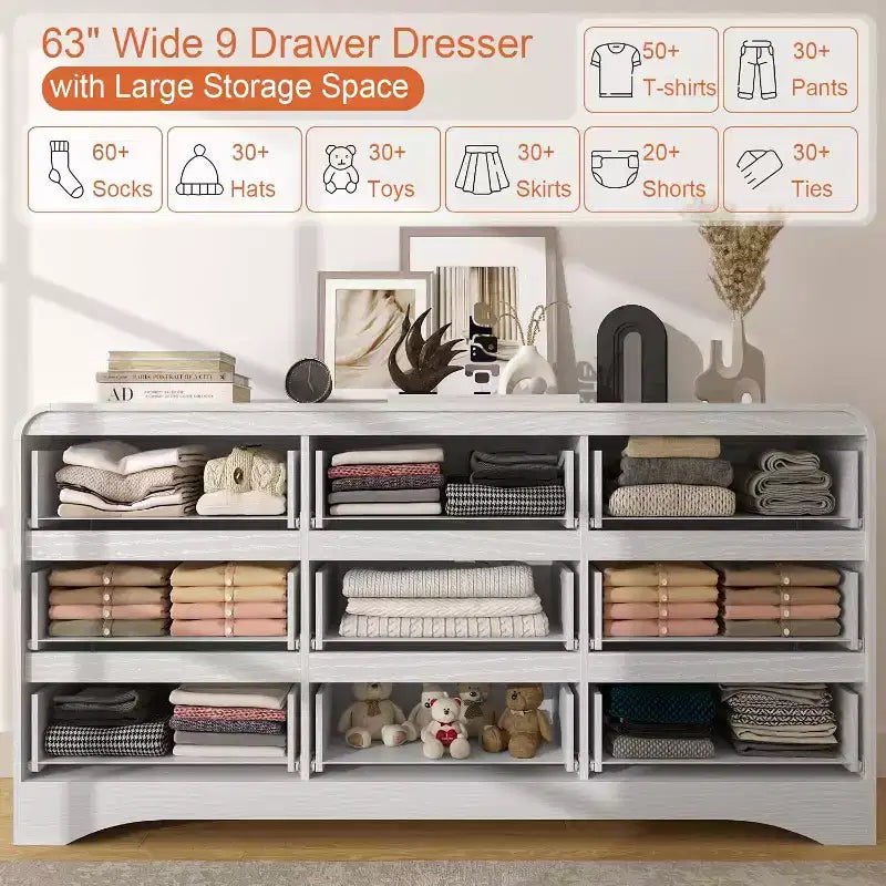 Commode large à 9 tiroirs pour chambre à coucher avec glissières préinstallées – 160 cm