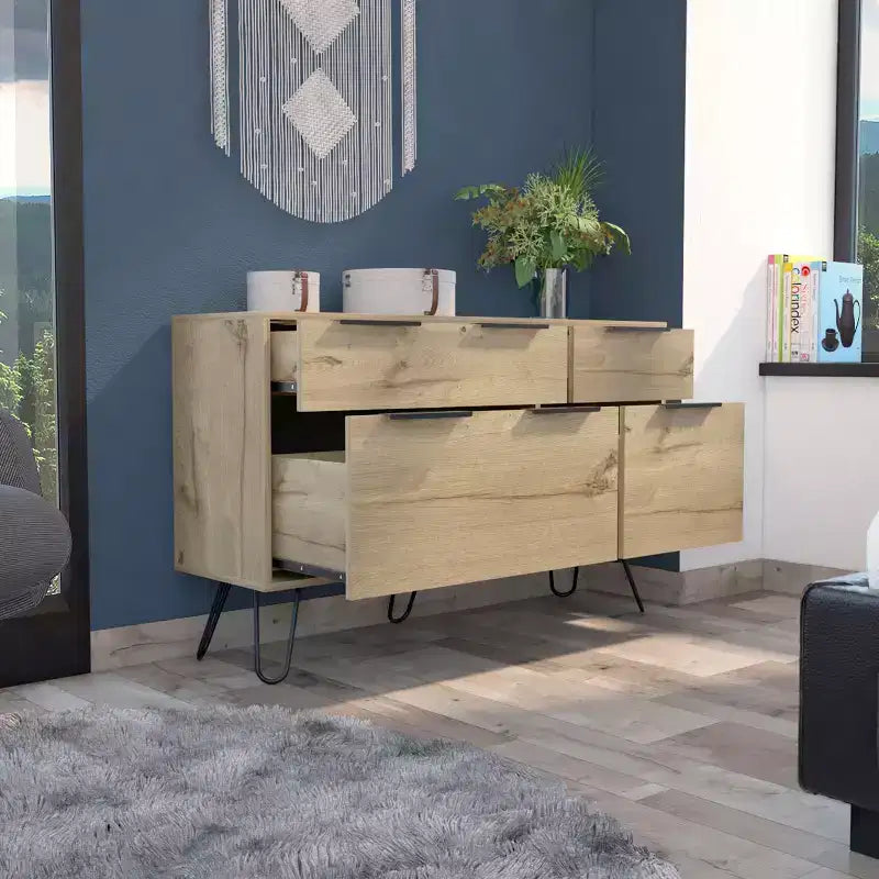 Commode compacte 3/4 tiroirs avec pieds en acier – Chêne clair, rangement chambre et salon