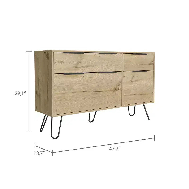 Commode compacte 3/4 tiroirs avec pieds en acier – Chêne clair, rangement chambre et salon
