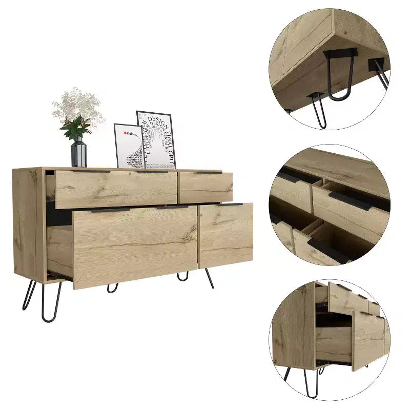 Commode compacte 3/4 tiroirs avec pieds en acier – Chêne clair, rangement chambre et salon