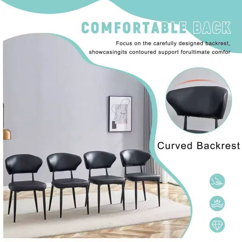Lot de 4 Chaises de Salle à Manger Noires Minimalistes et Ergonomiques avec Dossier Courbé – Assise en PU