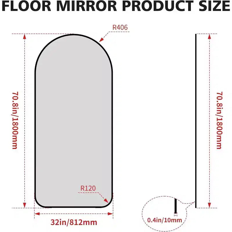 Miroir pleine longueur de 71" x 32" avec cadre en aluminium noir et dessus cintré
