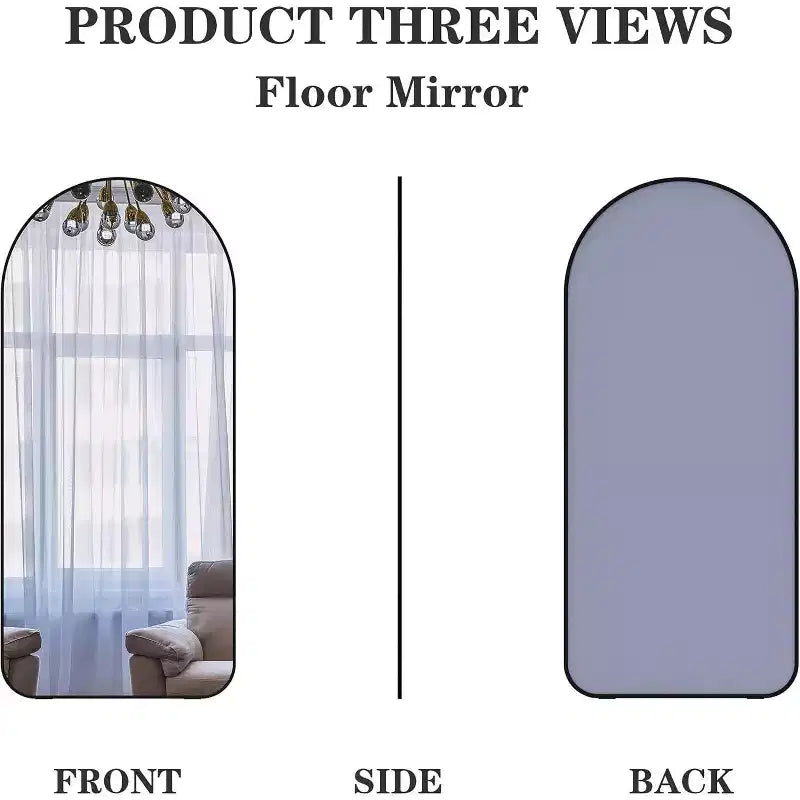 Miroir pleine longueur de 71" x 32" avec cadre en aluminium noir et dessus cintré