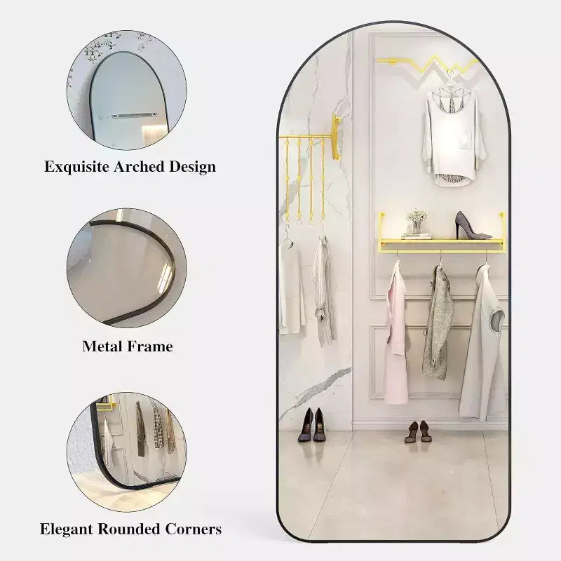 Miroir pleine longueur de 71" x 32" avec cadre en aluminium noir et dessus cintré