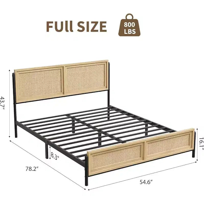 Cadre de lit double bohème en rotin avec rangement – Capacité de 360 kg, ton bois naturel
