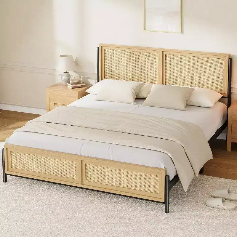 Cadre de lit double bohème en rotin avec rangement – Capacité de 360 kg, ton bois naturel