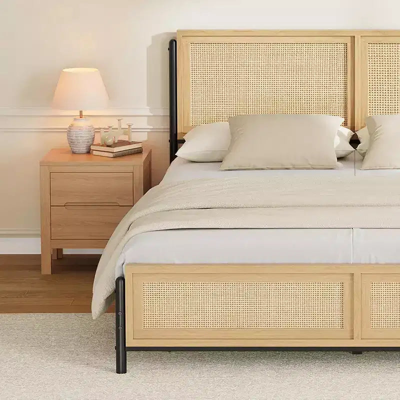 Cadre de lit double bohème en rotin avec rangement – Capacité de 360 kg, ton bois naturel