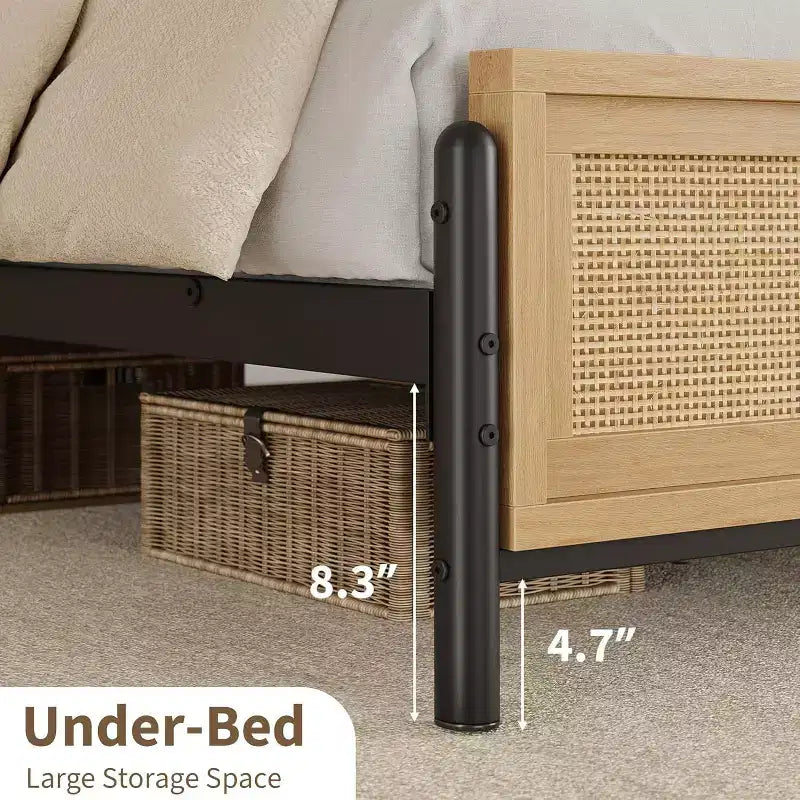 Cadre de lit double bohème en rotin avec rangement – Capacité de 360 kg, ton bois naturel