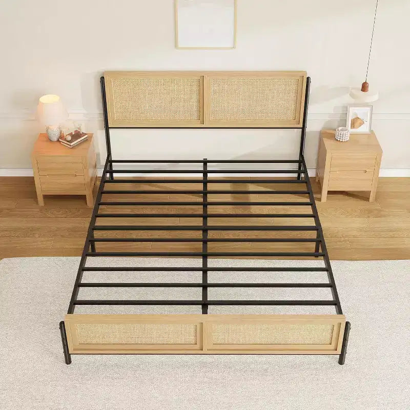 Cadre de lit double bohème en rotin avec rangement – Capacité de 360 kg, ton bois naturel
