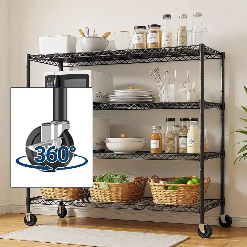 Étagère métallique à 4 niveaux ultra-résistante avec roues verrouillables – Capacité de 1134 kg