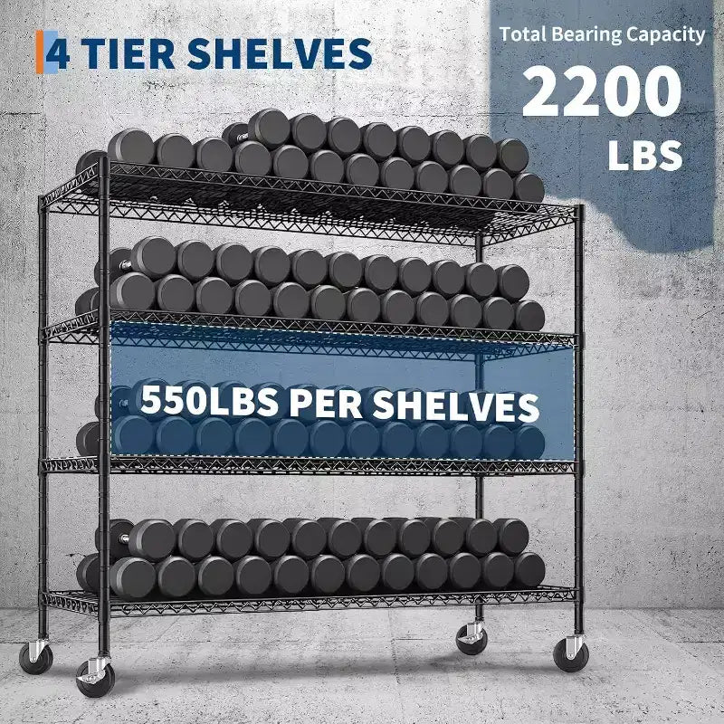 Étagère métallique à 4 niveaux ultra-résistante avec roues verrouillables – Capacité de 1134 kg