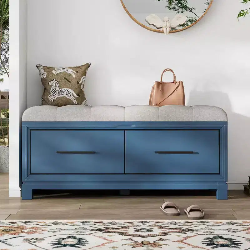 Banc à chaussures avec coussin amovible et rangement dissimulé – Bleu marine