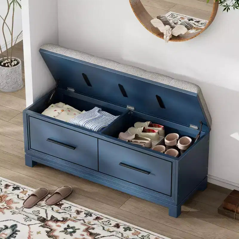 Banc à chaussures avec coussin amovible et rangement dissimulé – Bleu marine