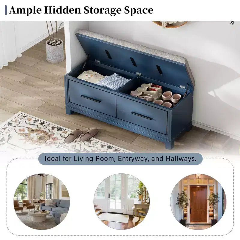 Banc à chaussures avec coussin amovible et rangement dissimulé – Bleu marine