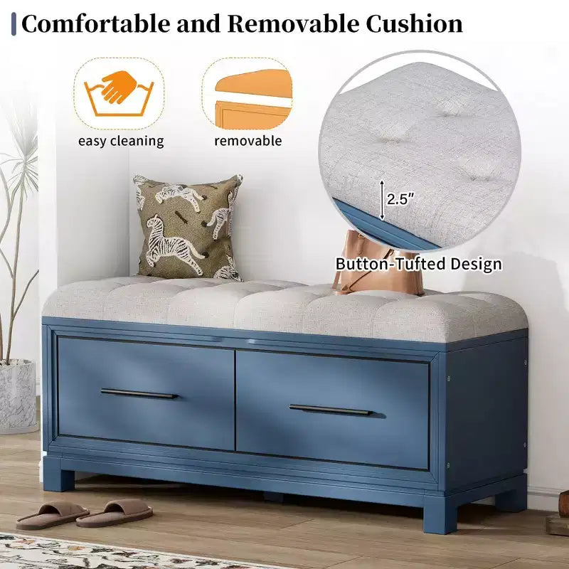 Banc à chaussures avec coussin amovible et rangement dissimulé – Bleu marine