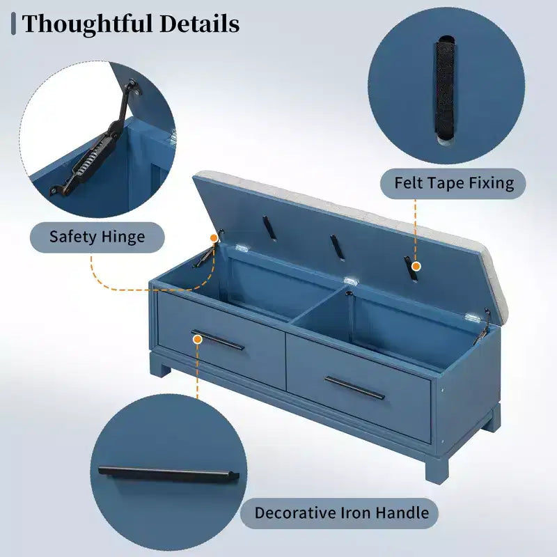 Banc à chaussures avec coussin amovible et rangement dissimulé – Bleu marine