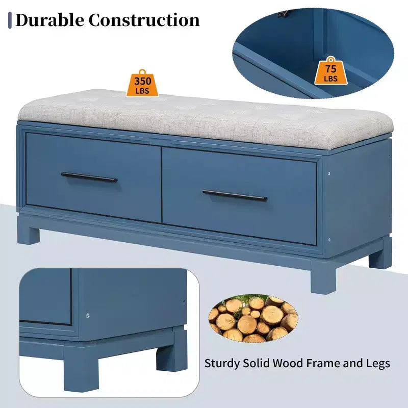 Banc à chaussures avec coussin amovible et rangement dissimulé – Bleu marine