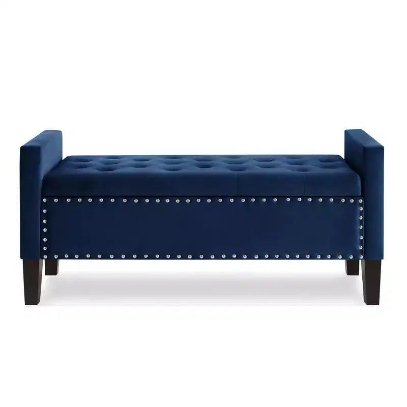 Banc de rangement capitonné avec accoudoirs et garniture cloutée – Bleu marine