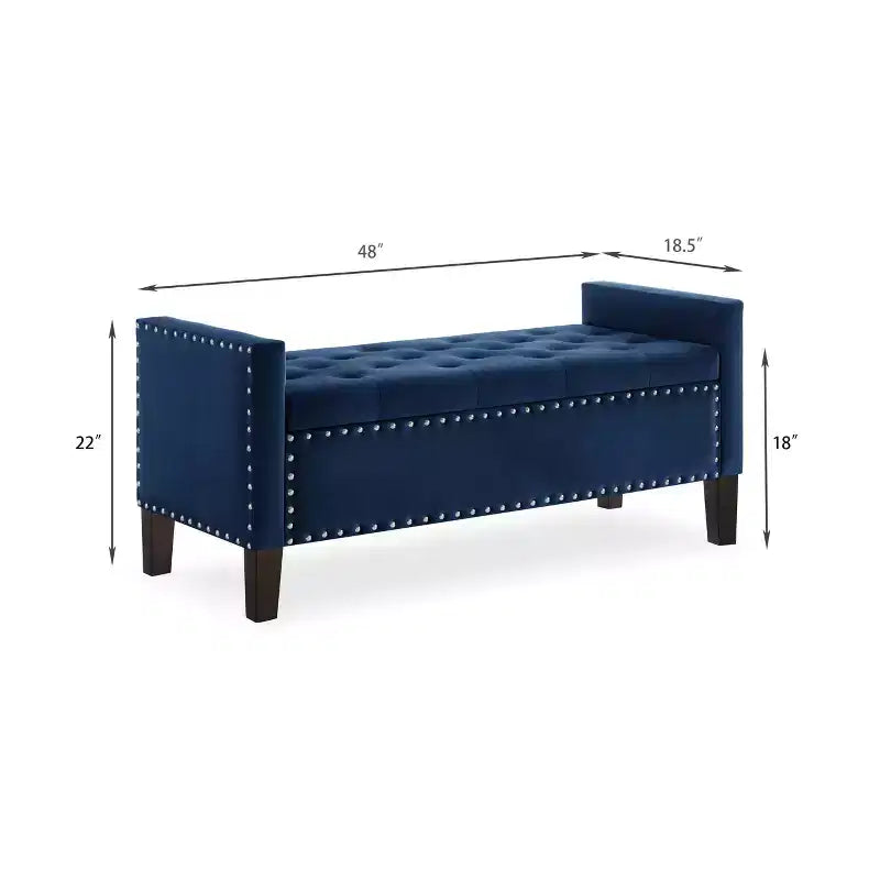 Banc de rangement capitonné avec accoudoirs et garniture cloutée – Bleu marine
