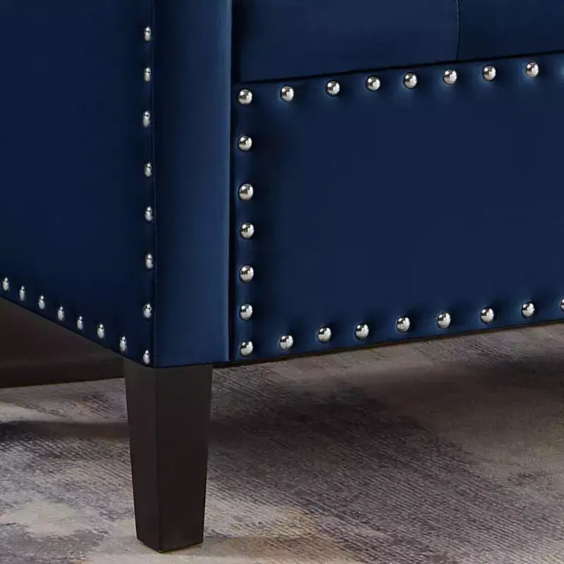 Banc de rangement capitonné avec accoudoirs et garniture cloutée – Bleu marine