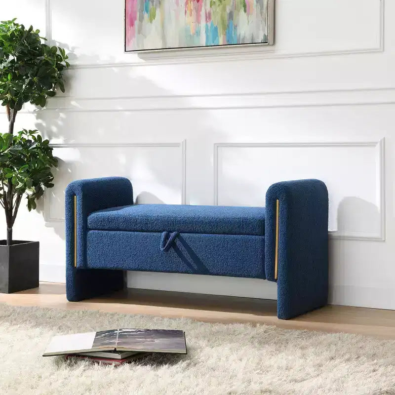 Banc de bout de lit rembourré avec accoudoirs et rangement – Bleu marine