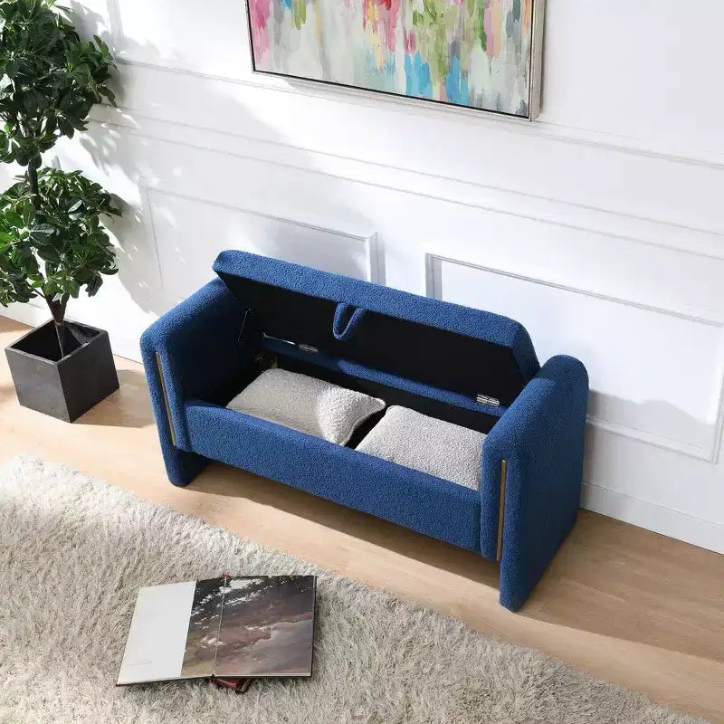 Banc de bout de lit rembourré avec accoudoirs et rangement – Bleu marine