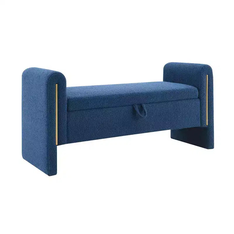 Banc de bout de lit rembourré avec accoudoirs et rangement – Bleu marine
