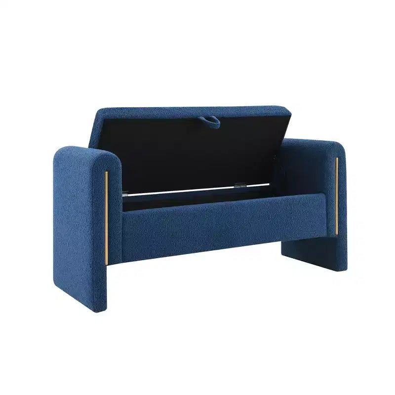 Banc de bout de lit rembourré avec accoudoirs et rangement – Bleu marine