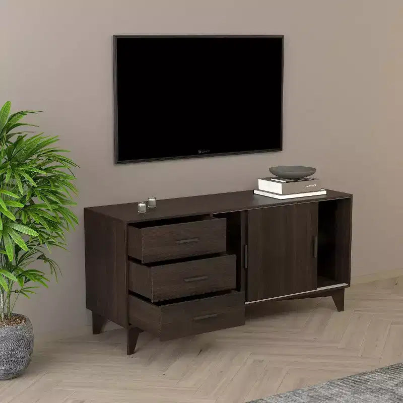 Meuble TV 60" avec portes coulissantes et 3 tiroirs – Brun foncé, compatible jusqu'à 65"